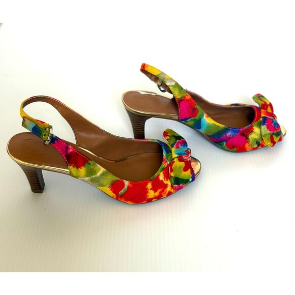 NEW Etienne Aigner Peep Toe Sling Back Heels Tropical Print Bow Women's Size 5.5 - Picture 4 of 9